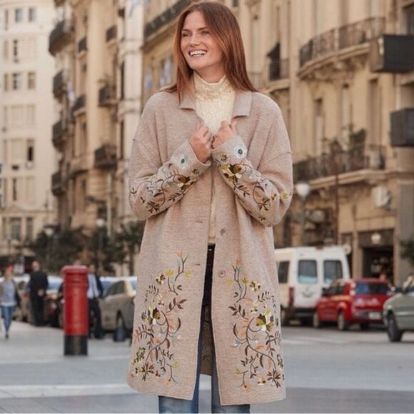 Driftwood Innsbruck Embroidered Coat Beige Wool Blend Size SMALL - Picture 2 of 8